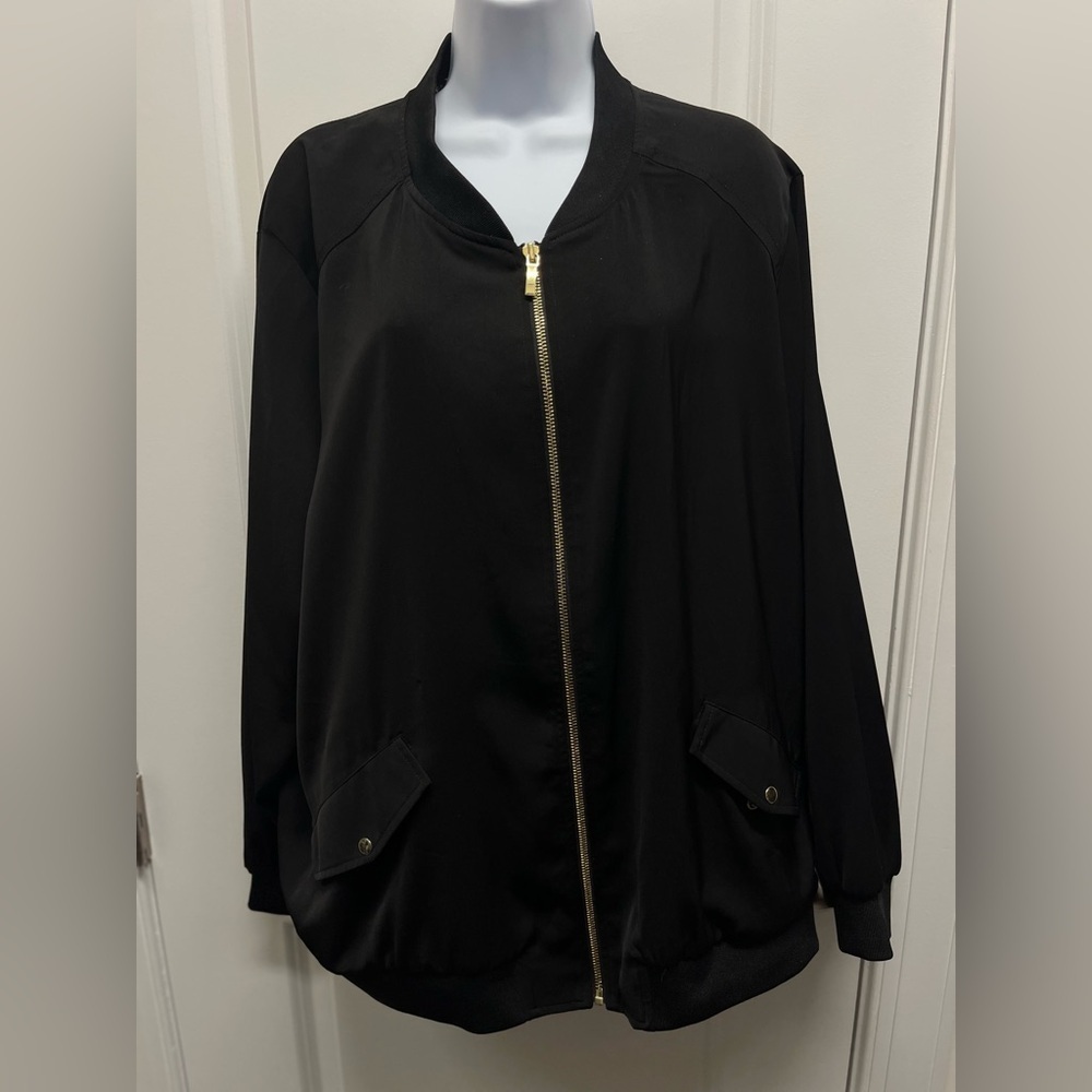 Susan Graver Black Liquid Knit Bomber Jacket - Gold Hardware 2X